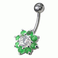 BP01257-E Piercing do pupíku - kytička, tmavě zelené zirkony