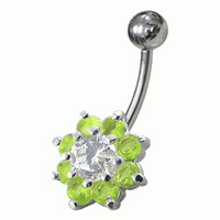 BP01257-G Piercing do pupíku - kytička, světle zelené zirkony