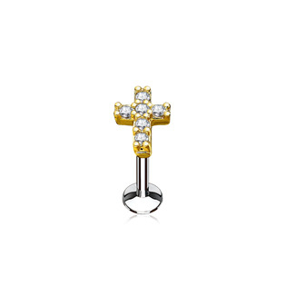 LB0027GDC-1206 Zlacený piercing do brady křížek 1,2 x 6 mm, čiré zirkony