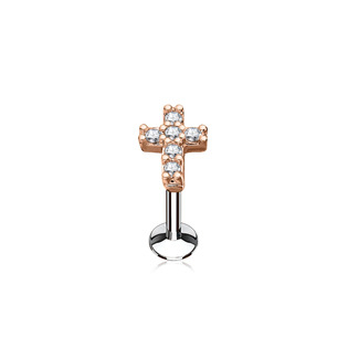 LB0027RDC-1208 Zlacený piercing do brady křížek 1,2 x 8 mm, čiré zirkony