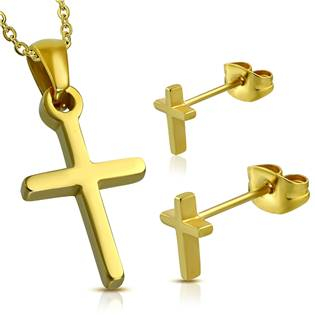 SET0054 Zlacená souprava šperků z chirurgické oceli, křížky