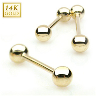 ZL01105-1612-YG Zlatý piercing do jazyka 1,6 x 12 mm, kuličky 4 mm - Au 585/1000
