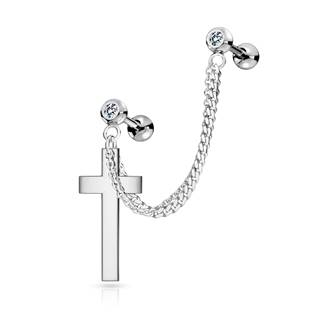 CP1067-ST Cartilage piercing do ucha s řetízkem, křížek
