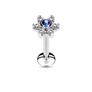 LB1075-1206 Piercing do brady - labreta kytička, modrý/čiré kamínky