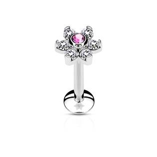 LB1076-1208 Piercing do brady - labreta kytička, růžový/čiré kamínky