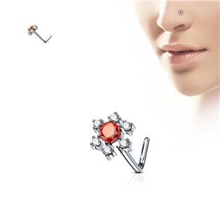 N0086-R Zahnutý piercing do nosu, červené kamínky