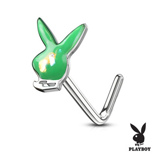 N0116-G Zahnutý piercing do nosu - Playboy, zelená barva