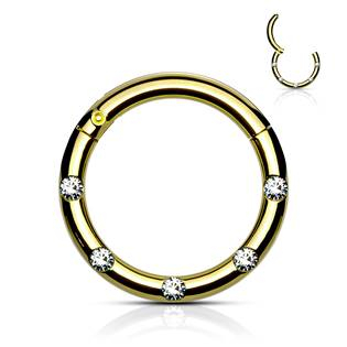 K01058-GD Zlacený piercing kruh segment, čiré kameny, 1,2 x 8 mm