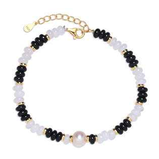 AU0078 Minerální náramek přírodní Bílý Jadeit, Obsidián a perlička, stříbro AG925