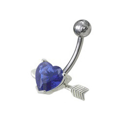 BP01020-B Stříbrný piercing do pupíku, tmavě modrý zirkon