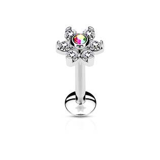 LB1074-1206 Piercing do brady - labreta kytička, duhový/čiré kamínky