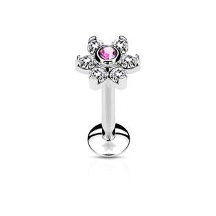 LB1076-1206 Piercing do brady - labreta kytička, růžový/čiré kamínky