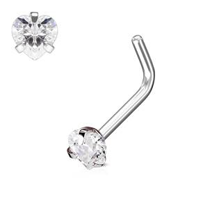 N0068-C Zahnutý piercing do nosu srdíčko, čirý kamínek