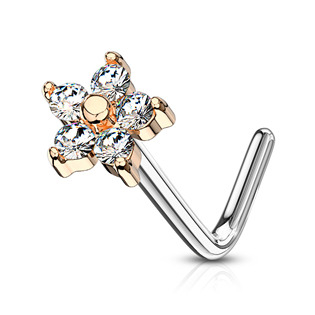 N0083-RDC Zlacený zahnutý piercing do nosu, čiré kamínky
