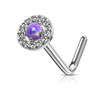 N0092-A Zahnutý piercing do nosu - fialový opál