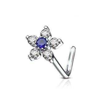 N0098-CB Zahnutý piercing do nosu, modrý kamínek