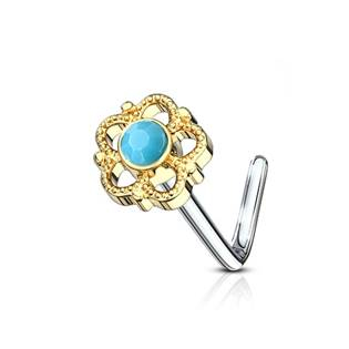 N0100-GD Zlacený zahnutý piercing do nosu - tyrkysový kamínek