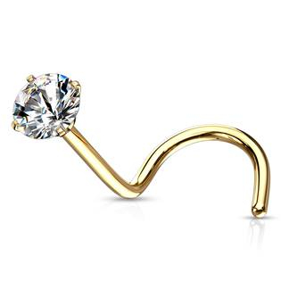 N0136GD-020 Zlacený zahnutý piercing do nosu - čirý zirkon